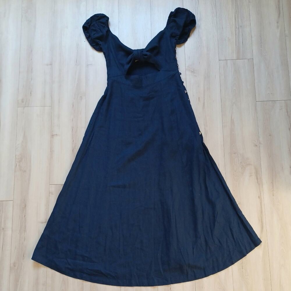 Vici Skylar + Madison Linen Maxi Dress Puff Sleeves Cutout Navy Size M NWT - Picture 4 of 13
